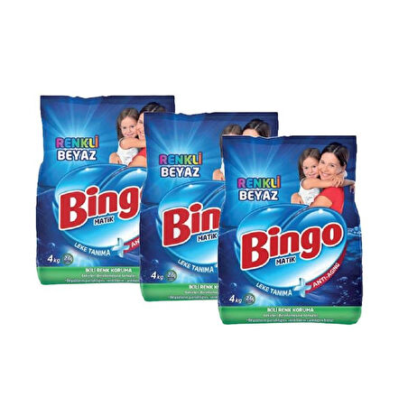 Bingo Matik Renkli Beyaz 4 kg 3'Lü Paket Beyazlar ve Renkliler için Toz Çamaşır Deterjanı