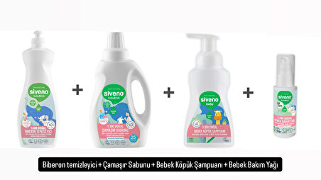 Siveno %100 Doğal 4'lü Bebek Bakım Seti Bebek Köpük Şampuanı+Bebek Çamaşır Sabunu 750ml+BiberonTemizleyici+Bebek Bakım Yağı