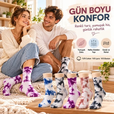 Unisex Batik Desenli Çorap 10'Lu Set Pamuklu Renkli Uzun Soket Dikişsiz Nefes Alan Günlük Spor Çorab