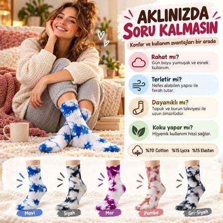 Unisex Batik Desenli Çorap 10'Lu Set Pamuklu Renkli Uzun Soket Dikişsiz Nefes Alan Günlük Spor Çorab