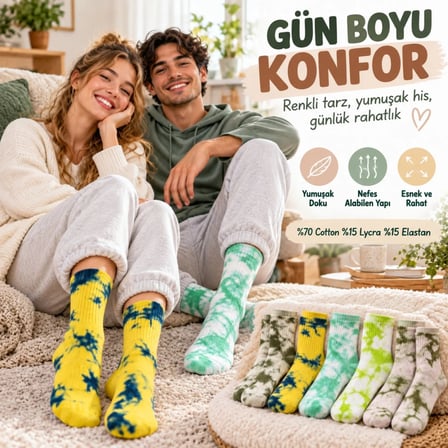 Unisex Batik Desenli Çorap 10'Lu Set Pamuklu Renkli Uzun Soket Dikişsiz Nefes Alan Günlük Spor Çorab