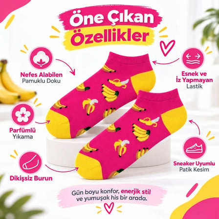 Kadın Pembe Muz Desenli Patik Çorap 12'Li Paket | Renkli, Rahat, Esnek Günlük Çorap Seti