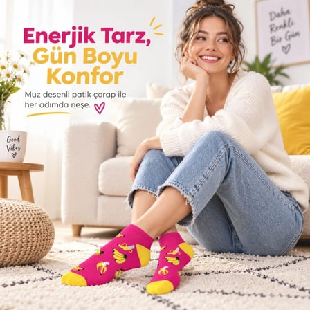 Kadın Pembe Muz Desenli Patik Çorap 12'Li Paket | Renkli, Rahat, Esnek Günlük Çorap Seti