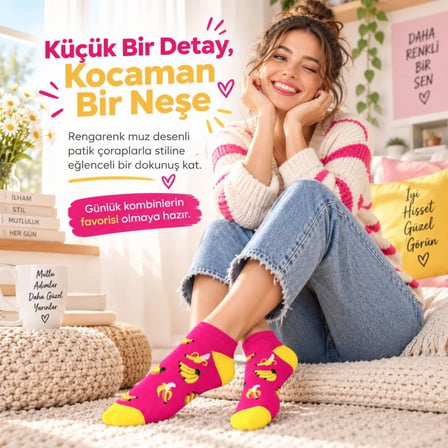 Kadın Pembe Muz Desenli Patik Çorap 12'Li Paket | Renkli, Rahat, Esnek Günlük Çorap Seti