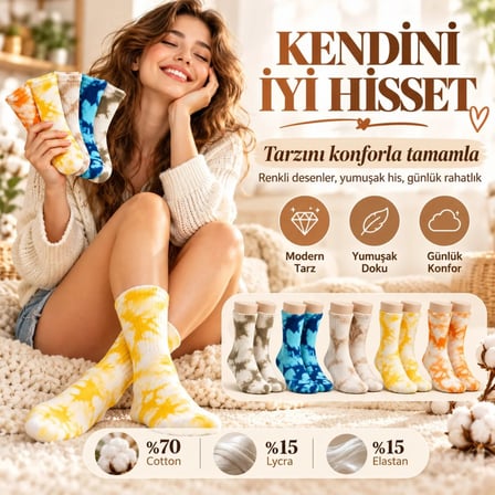 Unisex Batik Spor Çorap 10'Lu Set Tie Dye Tenis Çorabı Koyu Retro Renkler Günlük Rahat Konforlu Stil