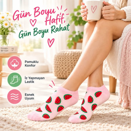 Kadın Karpuz 12'Li Desenli Patik Çorap Pamuklu Dikişsiz Sneaker Uyumlu Eğlenceli Yazlık Set