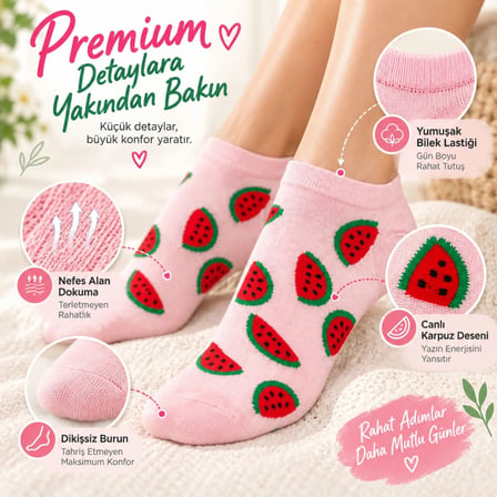 Kadın Karpuz 12'Li Desenli Patik Çorap Pamuklu Dikişsiz Sneaker Uyumlu Eğlenceli Yazlık Set