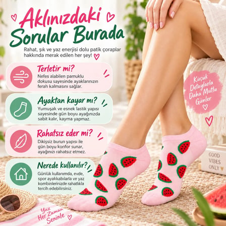 Kadın Karpuz 12'Li Desenli Patik Çorap Pamuklu Dikişsiz Sneaker Uyumlu Eğlenceli Yazlık Set