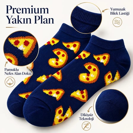 Pizza Desenli 12'Li Lacivert Patik Çorap Unisex Günlük Kısa Sneaker Çorap Seti Avantajlı Paket Rahat