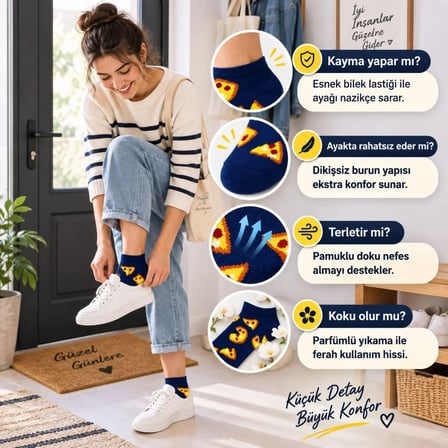 Pizza Desenli 12'Li Lacivert Patik Çorap Unisex Günlük Kısa Sneaker Çorap Seti Avantajlı Paket Rahat