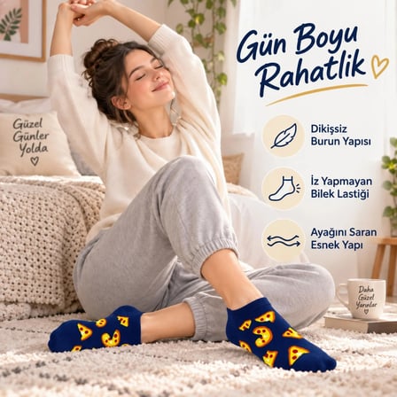 Pizza Desenli 12'Li Lacivert Patik Çorap Unisex Günlük Kısa Sneaker Çorap Seti Avantajlı Paket Rahat