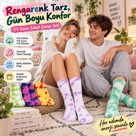 Unisex Batik Desenli Çorap 10'Lu Set Renkli Pamuklu Uzun Soket Dikişsiz Nefes Alan Günlük Spor Çorab
