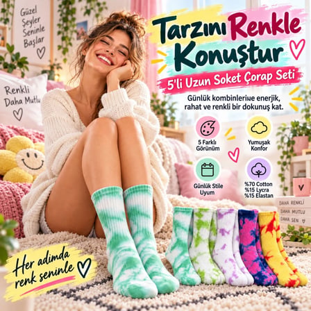 Unisex Batik Desenli Çorap 10'Lu Set Renkli Pamuklu Uzun Soket Dikişsiz Nefes Alan Günlük Spor Çorab