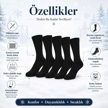 Kadın Siyah 12’Li Kışlık Termal Uzun Çorap | Dikişsiz, Esnek Havlu Dokulu, Sıcak Tutan, Güçlendirilm