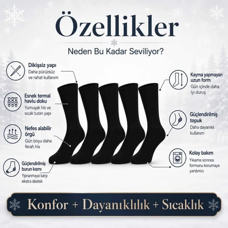 Erkek Siyah 12’Li Kışlık Uzun Termal Havlu Çorap | Dikişsiz, Esnek, Sıcak Tutan, Güçlendirilmiş Topu