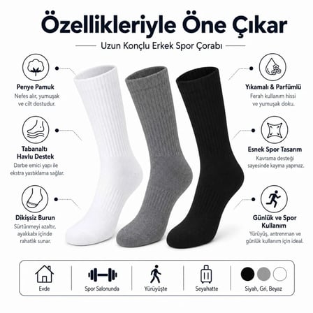 Erkek Spor Çorap 12 Çift, Taban Altı Havlu Destekli Penye Pamuklu Uzun Konç Çorap