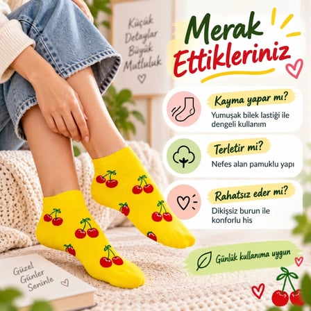 Kadın Kiraz 12'Li Desenli Patik Çorap Sarı Pamuklu Dikişsiz Sneaker Uyumlu Eğlenceli Günlük Set