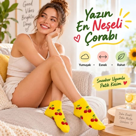 Kadın Kiraz 12'Li Desenli Patik Çorap Sarı Pamuklu Dikişsiz Sneaker Uyumlu Eğlenceli Günlük Set