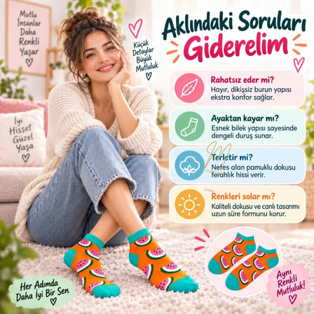 Kadın Turuncu Karpuz Desenli Patik Çorap 12'Li Paket | Renkli, Rahat Ve Esnek Günlük Kısa Çorap