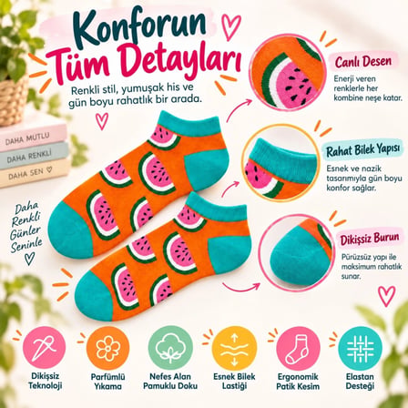 Kadın Turuncu Karpuz Desenli Patik Çorap 12'Li Paket | Renkli, Rahat Ve Esnek Günlük Kısa Çorap