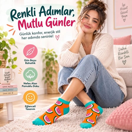 Kadın Turuncu Karpuz Desenli Patik Çorap 12'Li Paket | Renkli, Rahat Ve Esnek Günlük Kısa Çorap