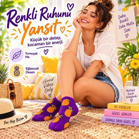 Kadın Mor Ananas Desenli Patik Çorap 12'Li Paket | Renkli, Rahat Günlük Kısa Çorap Seti
