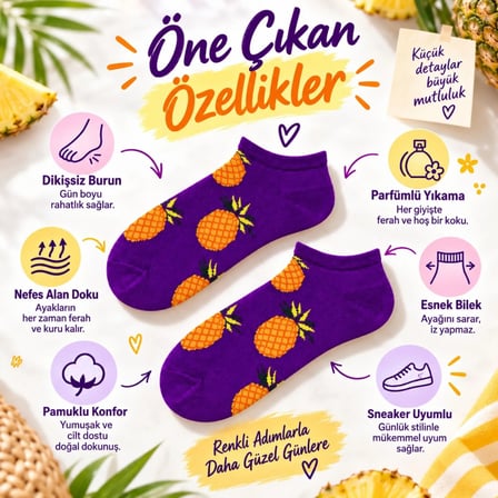 Kadın Mor Ananas Desenli Patik Çorap 12'Li Paket | Renkli, Rahat Günlük Kısa Çorap Seti