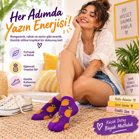 Kadın Mor Ananas Desenli Patik Çorap 12'Li Paket | Renkli, Rahat Günlük Kısa Çorap Seti