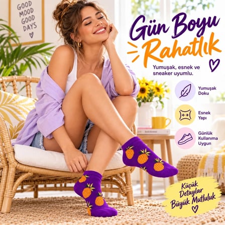 Kadın Mor Ananas Desenli Patik Çorap 12'Li Paket | Renkli, Rahat Günlük Kısa Çorap Seti