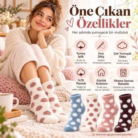 Kadın 8'Li Puantiyeli Peluş Ev Çorabı Seti | Yumuşacık Kışlık Soket Çorap Mavi Ekru Pembe Kahverengi