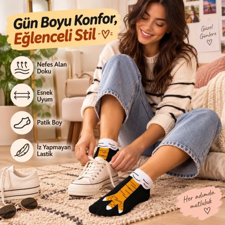 Kadın Tavuk Ayağı 12'Li Desenli Patik Çorap Dikişsiz Pamuklu Eğlenceli Sneaker Günlük Çorap Seti