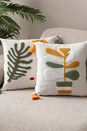 2'li Comfort Punch Desenli Kırlent Kare Dekoratif Bohem Nakışlı Koltuk Yastık Kılıfı panç 45x45