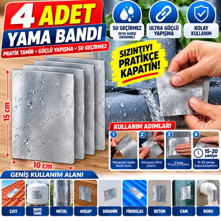 4’lü Su Geçirmez Yama Bandı 10x15 cm – Ultra Güçlü Yapışkan, Sızıntı ve Çatlak Tamir Bandı