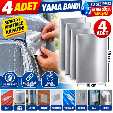 4’lü Su Geçirmez Yama Bandı 10x15 cm – Ultra Güçlü Yapışkan, Sızıntı ve Çatlak Tamir Bandı