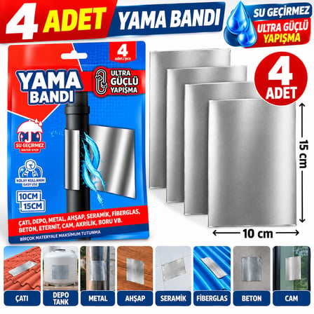 4’lü Su Geçirmez Yama Bandı 10x15 cm – Ultra Güçlü Yapışkan, Sızıntı ve Çatlak Tamir Bandı