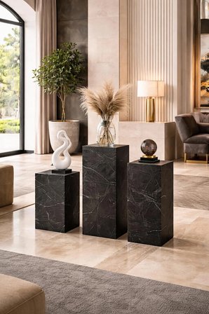 3'lü Dekoratif Sütun Kaide Seti - Mermer Desenli Modern Heykel ve Çiçek Standı