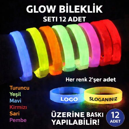 Glow Kalın Bileklik 12’Li Set | Baskıya Uygun Renkli Model
