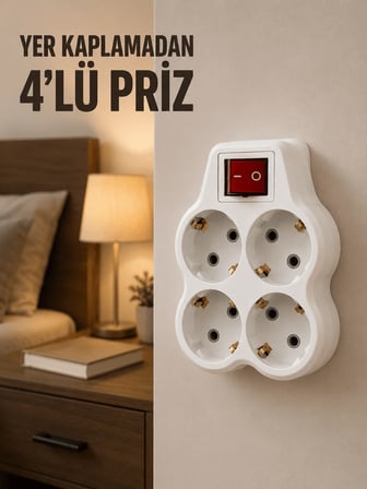 4’Lü Priz Çoğaltıcı Açma Kapama Anahtarlı Duvar Tipi Priz Adaptörü