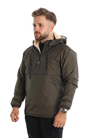 Dar Kesim Içi Kürklü Kanguru Cep Erkek Yağmurluk Mont