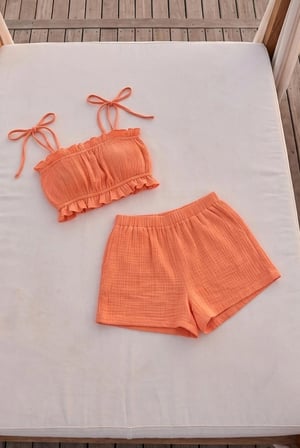 Organik Pamuk Müslin Askılı Crop Şortlu Takım - Naturel Doğal-oeko Tex Sertifikalı Kumaş