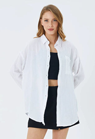 3833 Kadın Oversize Cepli Müslin Gömlek