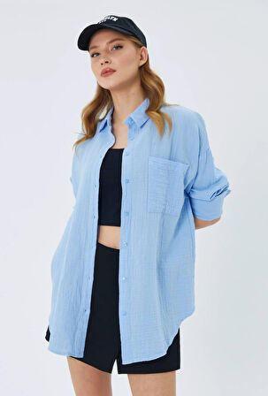 3833 Kadın Oversize Cepli Müslin Gömlek