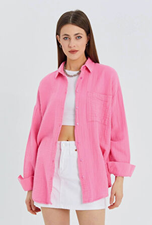 3833 Kadın Oversize Cepli Müslin Gömlek