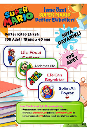 Süper Mario Etiketi Defter Etiketi Kitap Etiketi Kişiye Özel Suya Dayanıklı İsim Yazılabilien