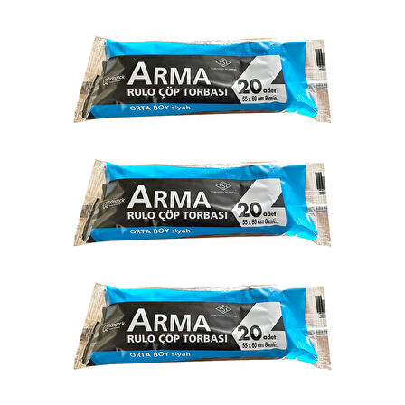 Arma Siyah Orta Boy 55 x 60 Cm. - 30 Litre Çöp Torbası Poşeti - 20 Adetlik 3 Rulo