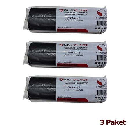 GNR Endüstriyel Jumbo Çöp Torbası Poşeti - 2 Kat - Siyah - 500 Gr. - 80x110 Cm. -10 x 3 Rulo