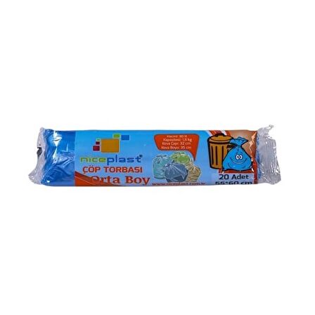 Niceplast Mavi Orta Boy 55x60 Cm. 30 Litre Çöp Torbası Poşeti - 20 Adetlik 50 Rulo- 1000 Adet / Koli