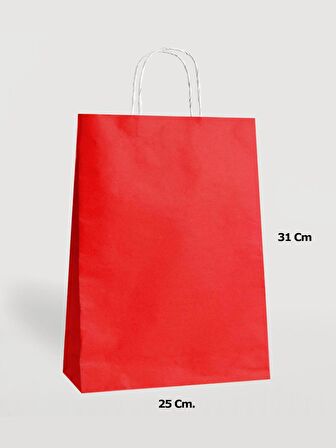 Büküm Saplı Kraft Kağıt Karton Hediye Çanta Poşet Torba - Kırmızı - 25x31 Cm. - 25 Adetlik 2 Paket