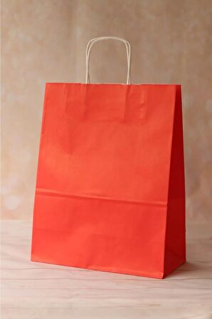 Büküm Saplı Kraft Kağıt Karton Hediye Çanta Poşet Torba - Kırmızı - 25x31 Cm. - 25 Adetlik 2 Paket