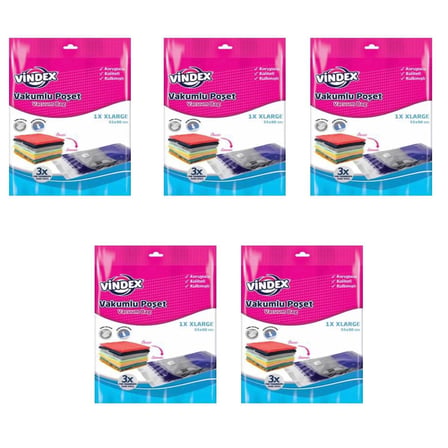 Vindex Vakumlu Giyisi Yastık Yorgan Saklama Torbası Poşeti Hurç -Large -55x90 Cm. -1 Adetlik 5 Paket